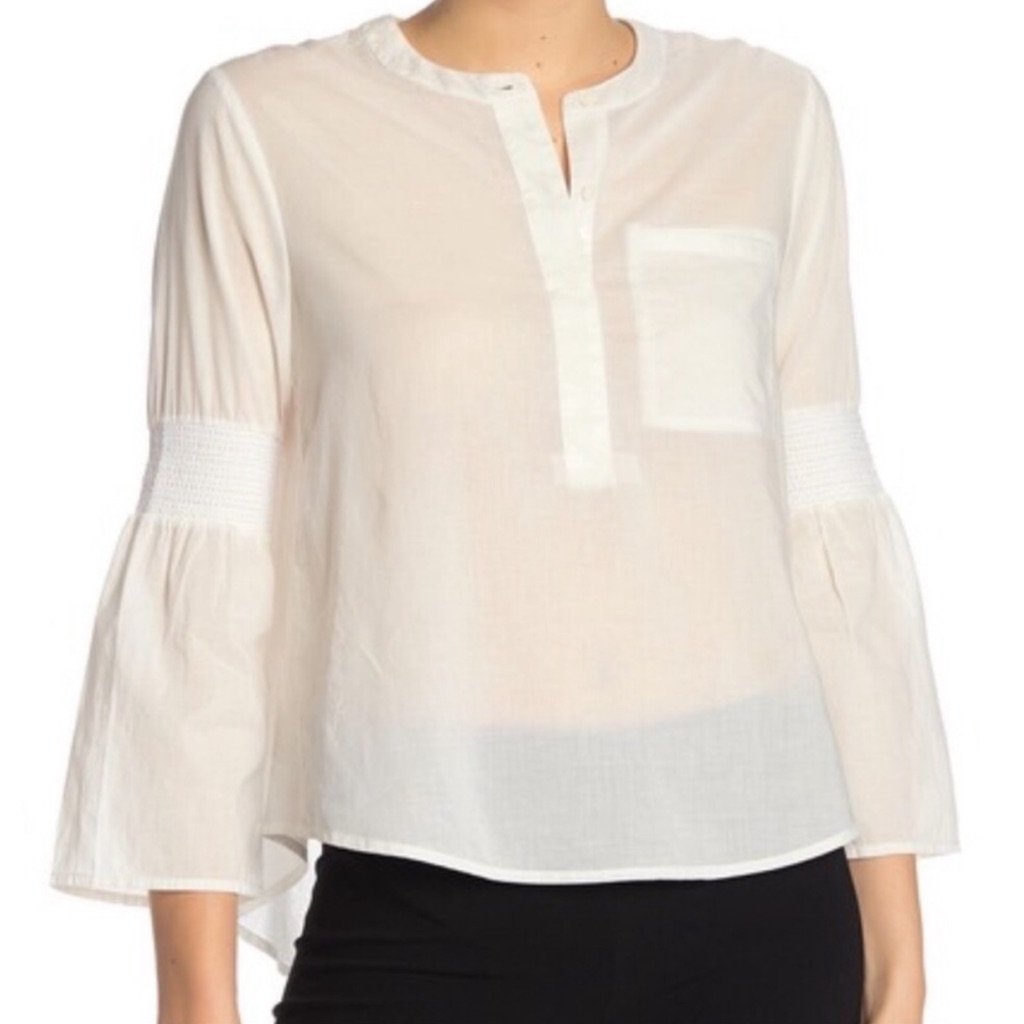 Theory Cotton Voile Smocked Popover Bell Flared Sleeves Blouse Top White Lge Nwt